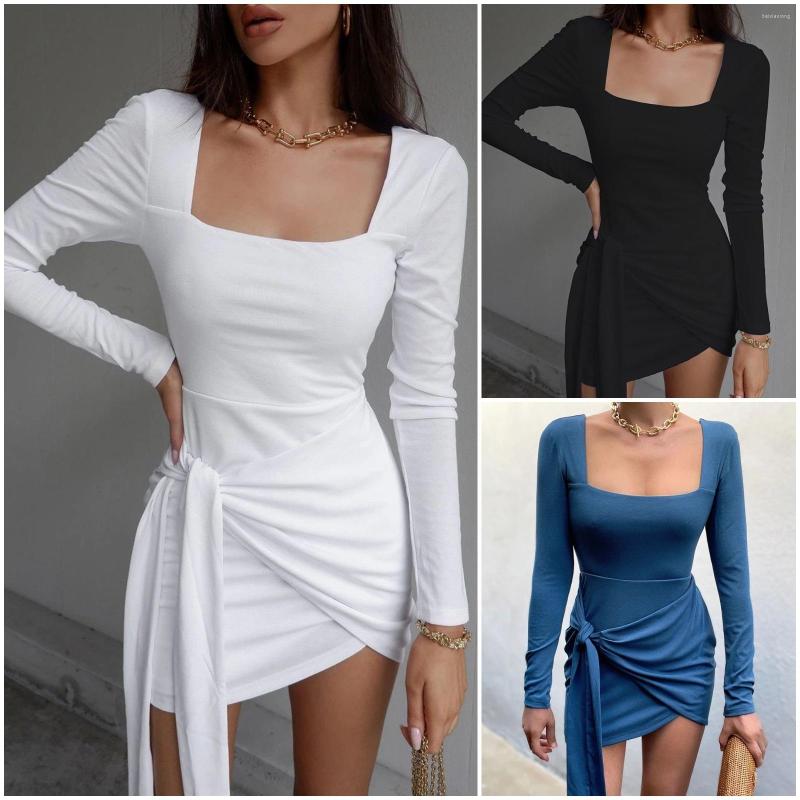 

Casual Dresses Black Sexy Dress Female High Waist Sheath Square Collar Lace-up Bandage Midi Women Spring Summer Long Sleeve Bodycon