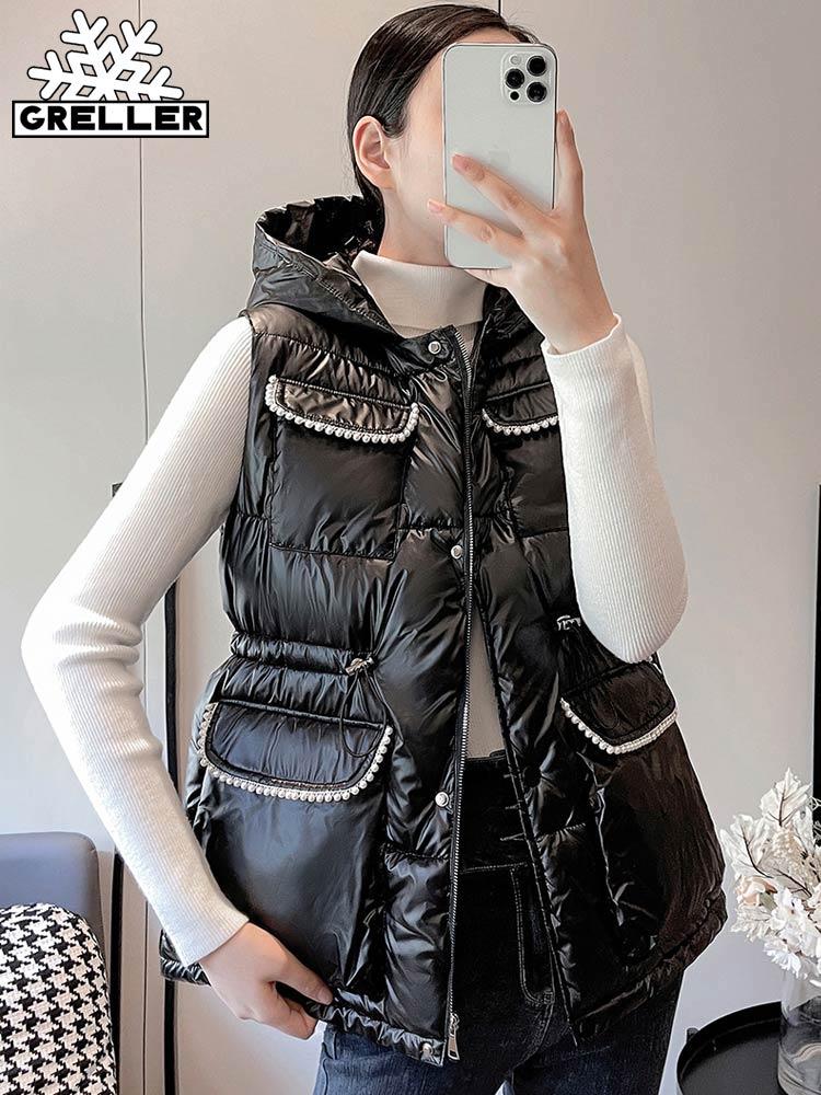 

Leather GRELLER New Winter Hooded Vests Women Fashion Drawstring Pearl Women Elegant Autumn Winter Short Vests Female Ladies Waistcoat, Blue