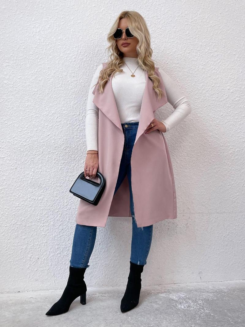 

Outerwear EARO Plus Size 4XL Pink Trench Coat Woman Sleeveless Turn-down Collar Midi Overcoat 2023 Autumn Elegant Office Ladies