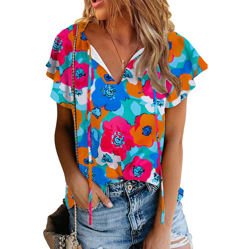 

Women' Blouses & Shirts Multi-color printed drawstring V-neck short sleeve chiffon shirt summer thin elegant casual, 01