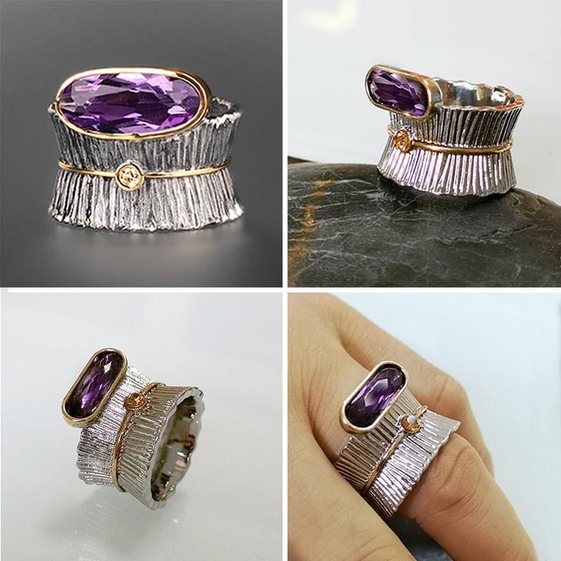 

Wedding Rings Large Wide Woodbark Band With Oval Purple Zircon Vintage Tree Bark Branch Ring Women Men Finger Fine Jewelry Gift