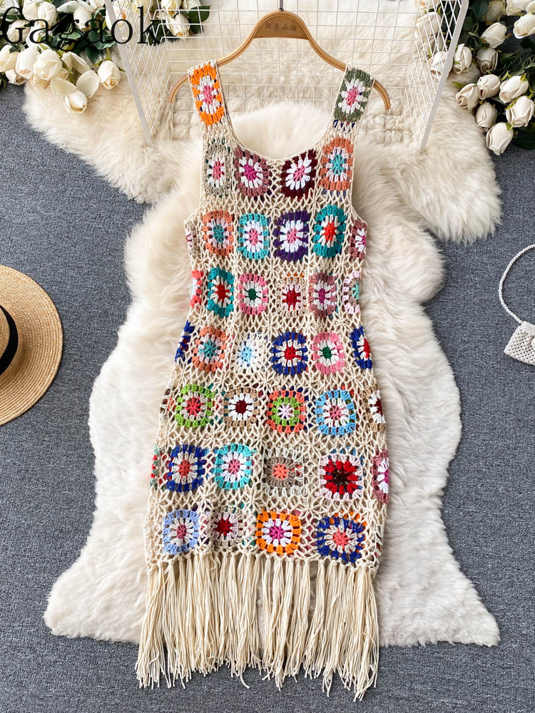 

Casual Dresses Gagaok Hollow Out Dress Women Summer Square Collar Bohemian Sleeveless Patchwork Dresses Bodycon Fashion Vestidos 230508, Apricot