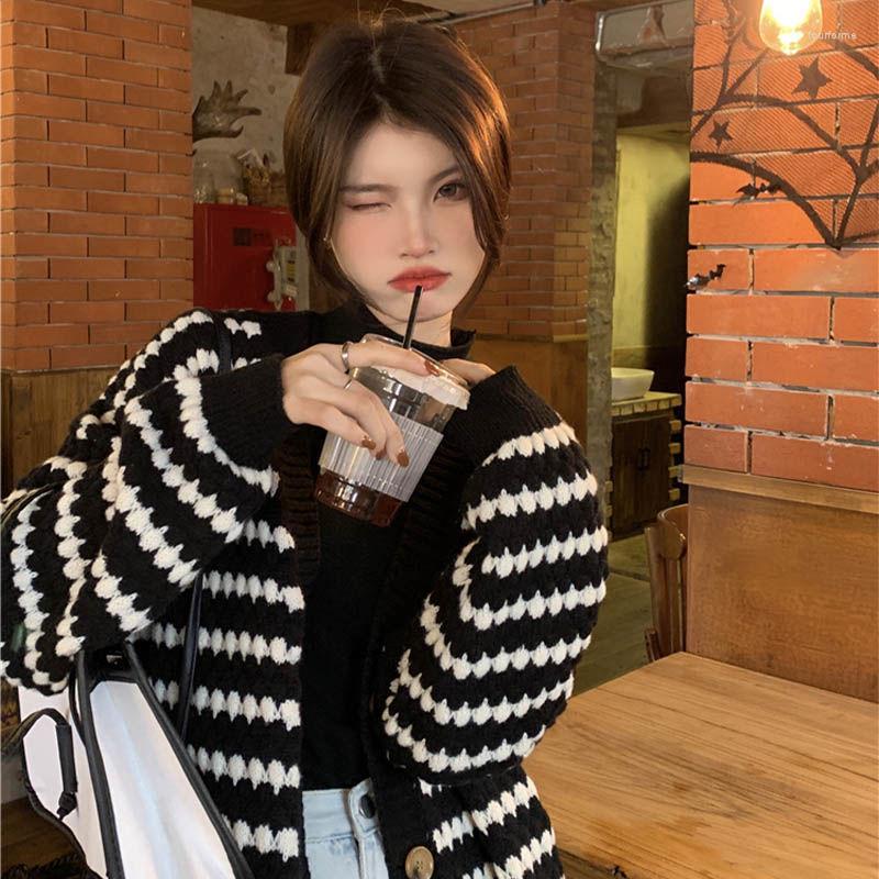 

Women's Knits DAYIFUN 2023 Autumn Winter Cardigan Retro Striped Sweater Women's Knitted Oversized Vintage Outer Female Clothes Top, Black