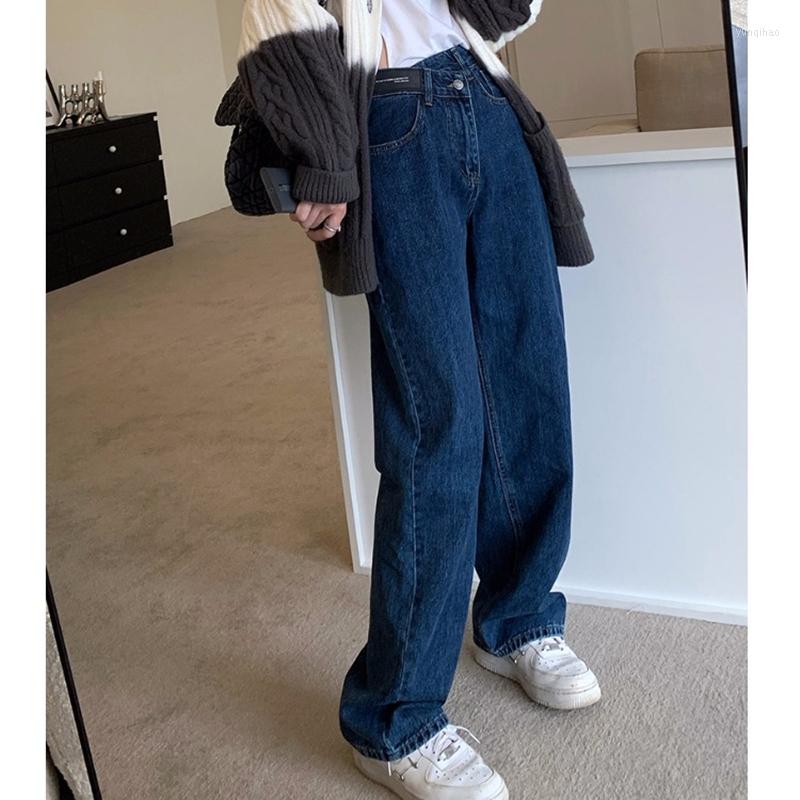 

Women' Jeans High Waist Women Irregular Button Dark Blue Straight Harajuku Wide Leg Trousers Loose Spring Fashion Streetwear Denim Pant