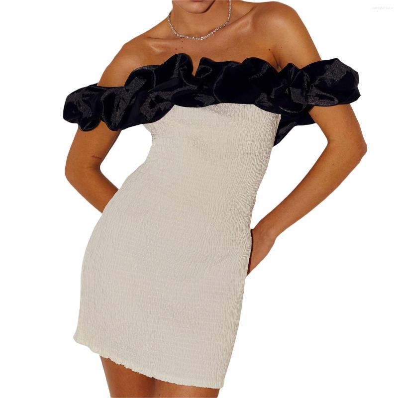 

Casual Dresses Women' Off Shoulder Party Dress Short Puff Sleeve Contrast Color Bodycon Mini, White