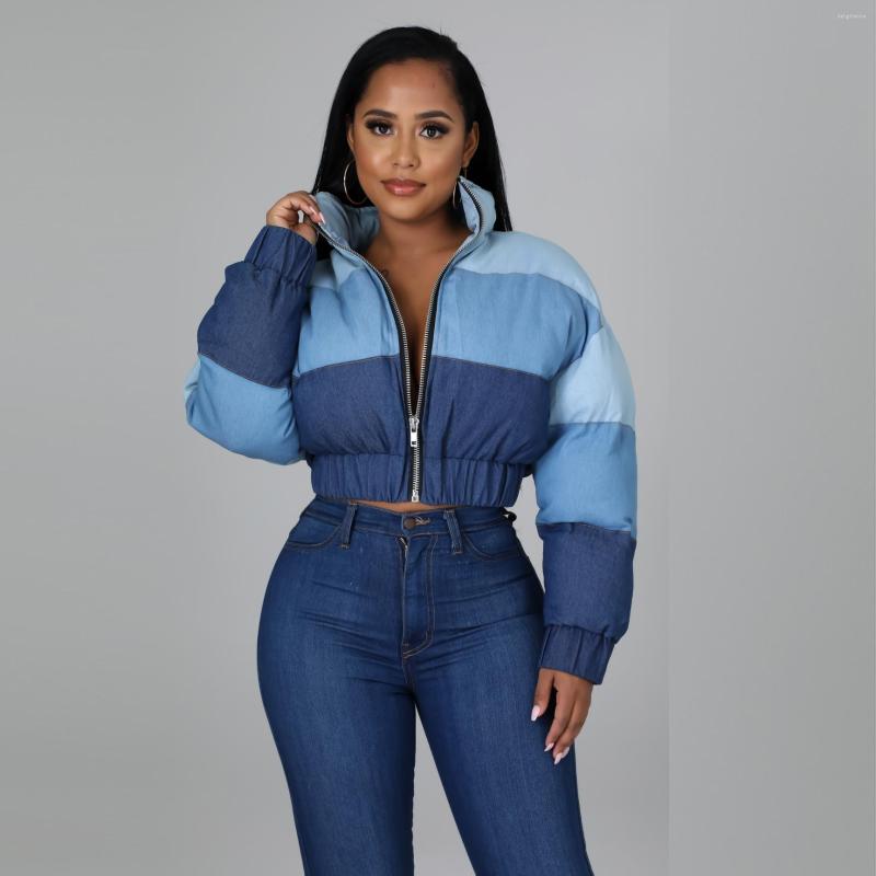 

Women' Down Ladies Short Cotton Jacket Fashion Casual Denim Gradient Stitching Warm 2023 Winter, Blue