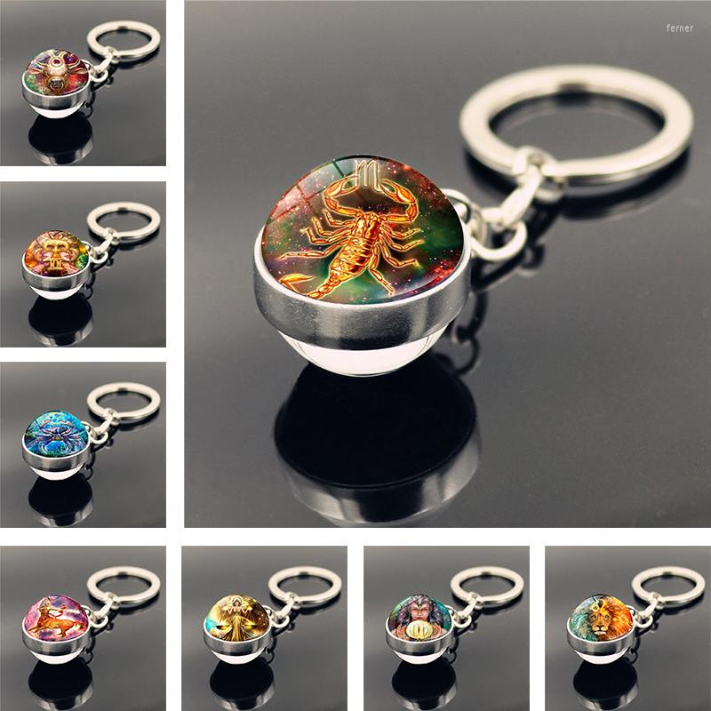 

Keychains 12 Constellation Keychain Pendant Double-sided Cabochon Glass Ball Crystal Zodiac Jewelry Gift