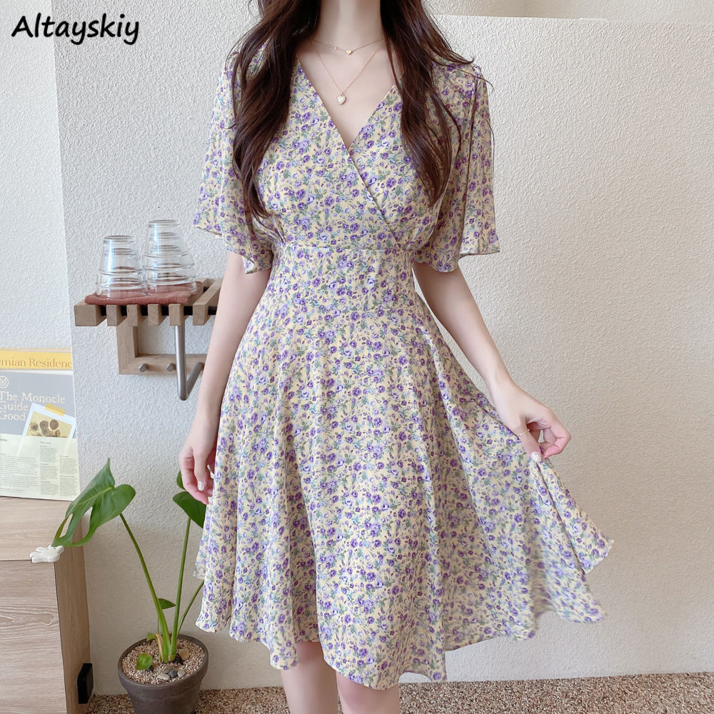 

Casual Dresses -3XL Dresses Women Summer Chic Soft Lady V-neck Stylish Tunic Slim Beach Simple Print Tender Sweet Holiday Vestidos 230509, Reda07
