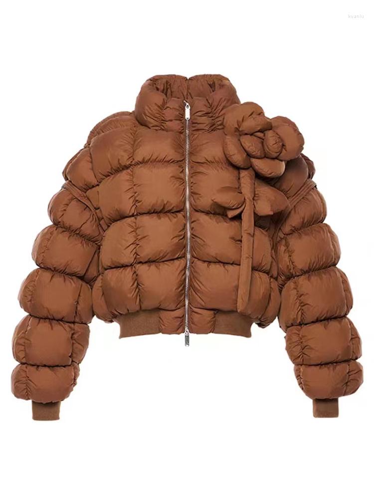 

Women' Trench Coats Street Sweet Cotton Jacket For Women 2023 Winter Stand Collar Slim Zipper Patchwork Floral Solid Minimalist Female, Brown