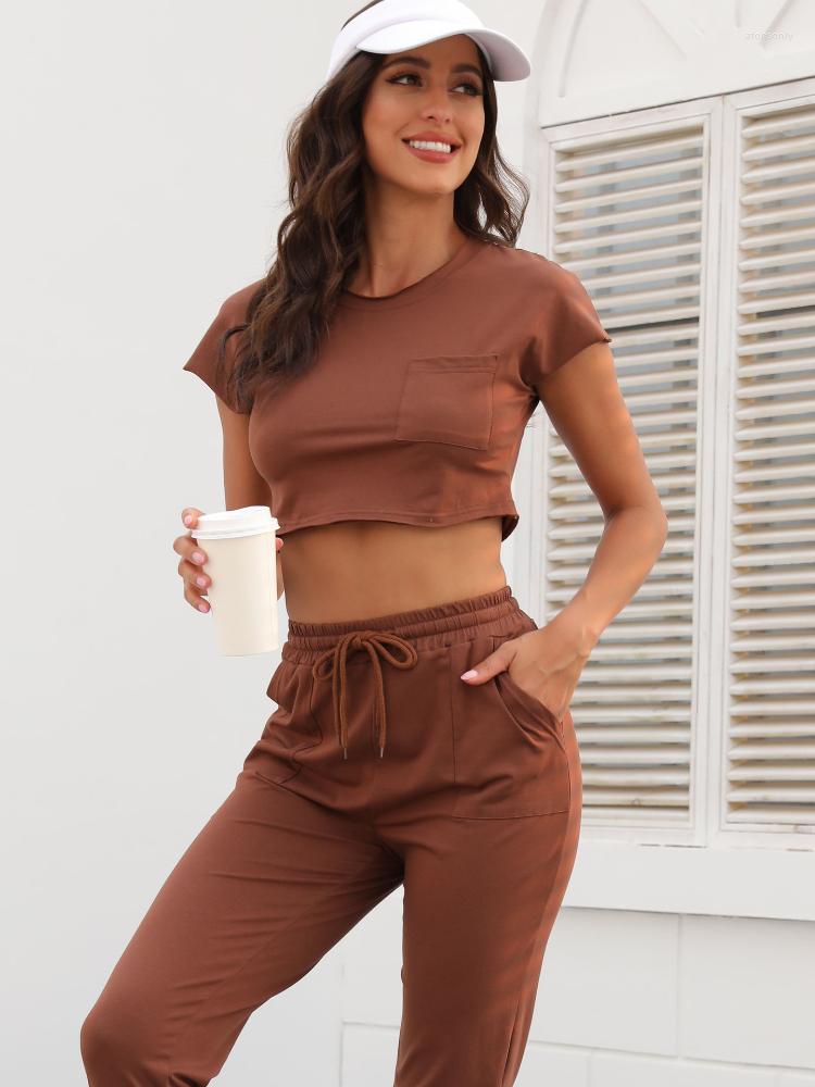 

Women' Two Piece Pants Sweatshirt Set Short Sleeve Crop Top And Casual Summer Knitted Sets Solid Color Fashion Female Clothing, Khaki sets