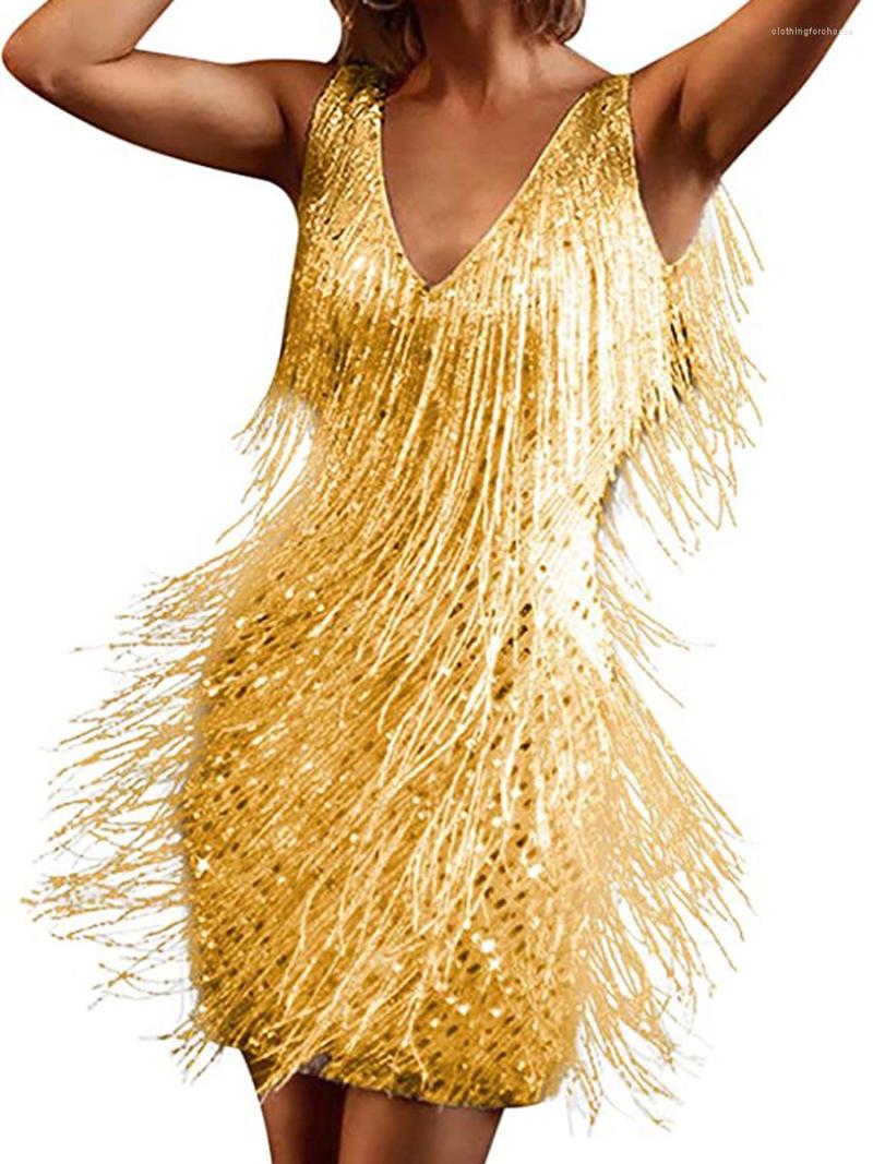 

Casual Dresses Women Tassel Sequin Dress Sexy Sleeveless V-Neck Latin Flapper Backless Pure Color Mini, Gold