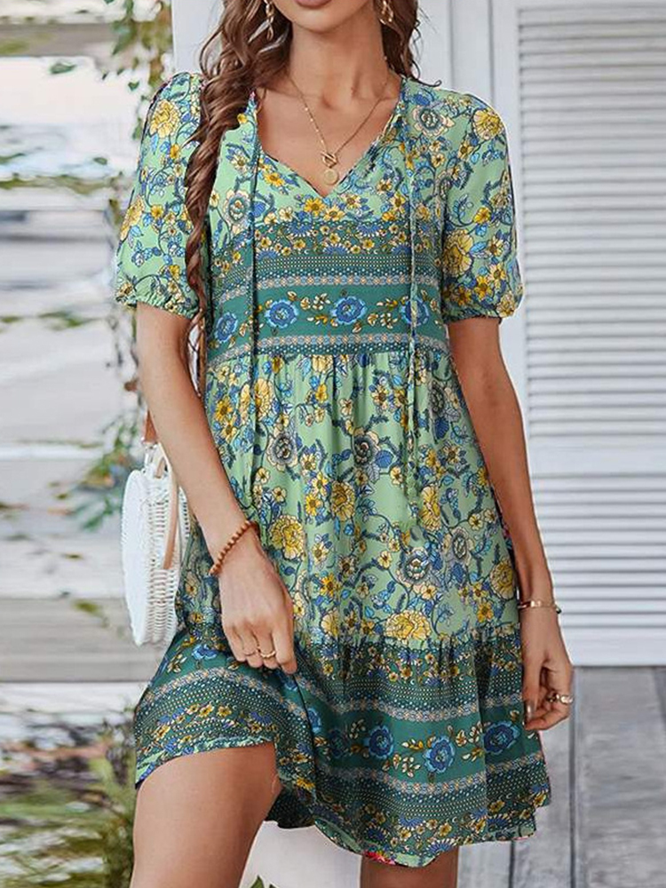 

Party Dresses Bohemian Floral Printed Mini Women Summer Short Sleeve Laceup Kneelength Female Loose Holiday Beach Sundress 230508, White