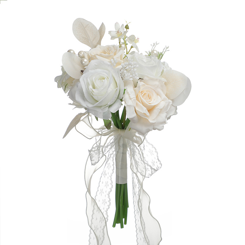 

Artificial Bridal Bouquet White Bride Wedding Flowers Ribbon Bow-knot Romantic Buque De Noiva W9540