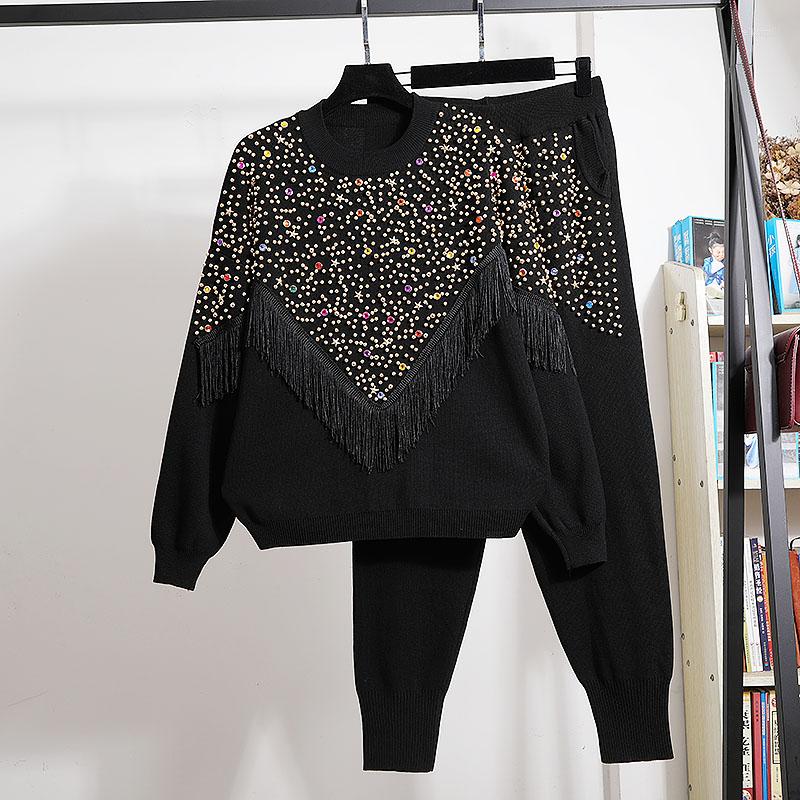 

Women' Two Piece Pants Fashion Knitted Set Women Beading Diamonds Tassel Sweater Long Pencil Outfits Female Loose Black Gray Knit Suit