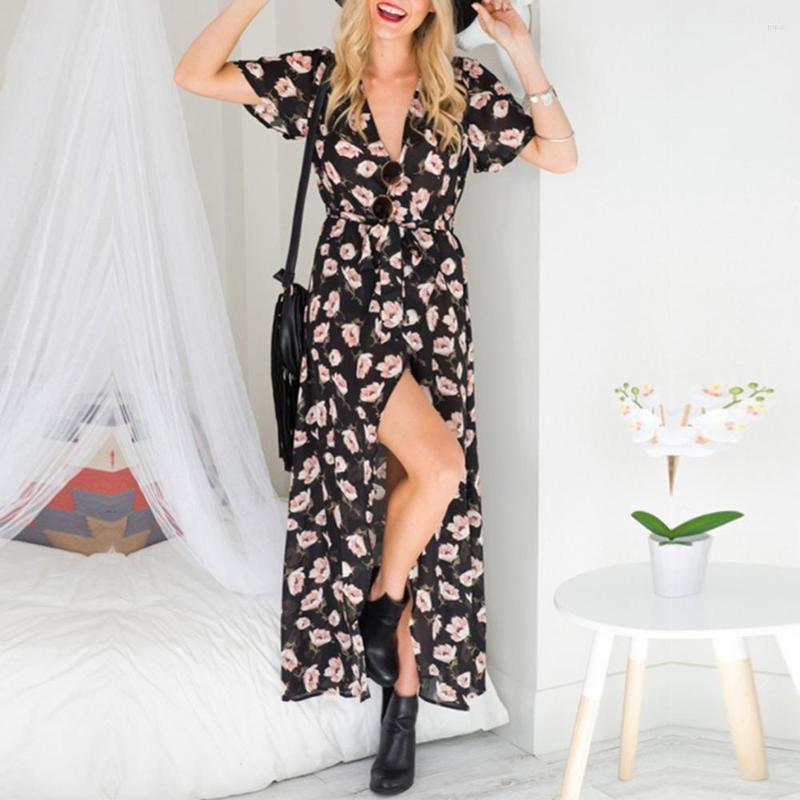 

Casual Dresses Boho Printing Floral Summer Dress Women Ladies Long Maxi High Cut Vestidos Evening Party