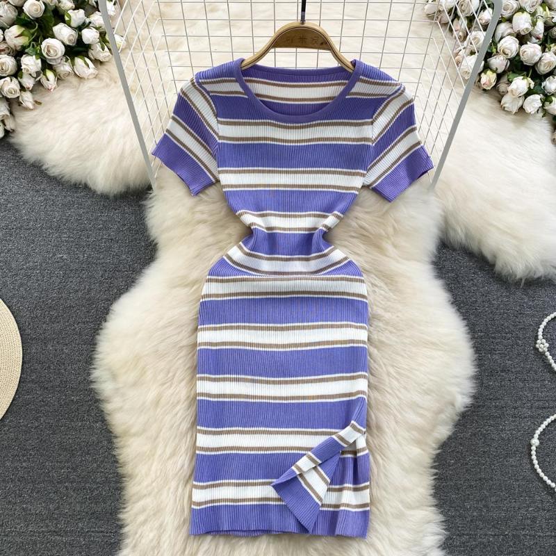 

Casual Dresses Summer French Style Temperament Dress Round Neck Short Sleeve Slim Fit Split Stripe Knit Wrap Hip Skirt, Black