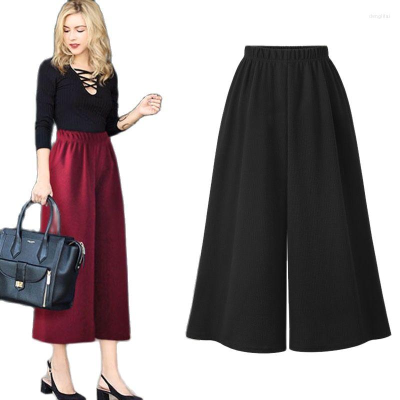 

Pants L-5XL Plus Size Casual Women Trousers Autumn Winter Fashion Elastic Waist Knitting Ankle-Length Loose Wide Leg Clothing, Black