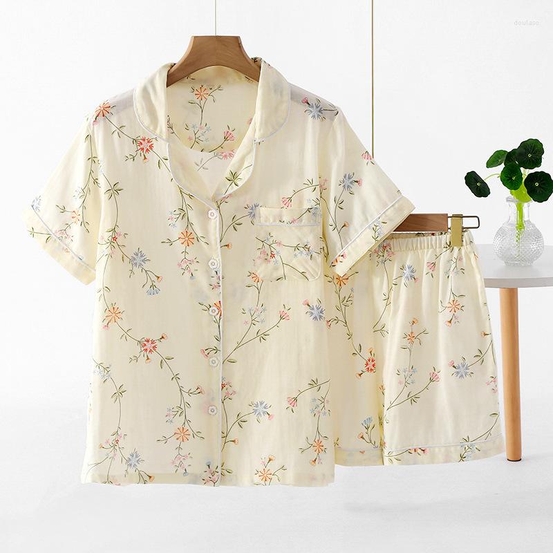 

Women's Sleepwear Japanese Summer Ladies Pajamas Two-piece Cotton Gauze Thin Short-sleeved Shorts Cute Flower Home Service Set Women