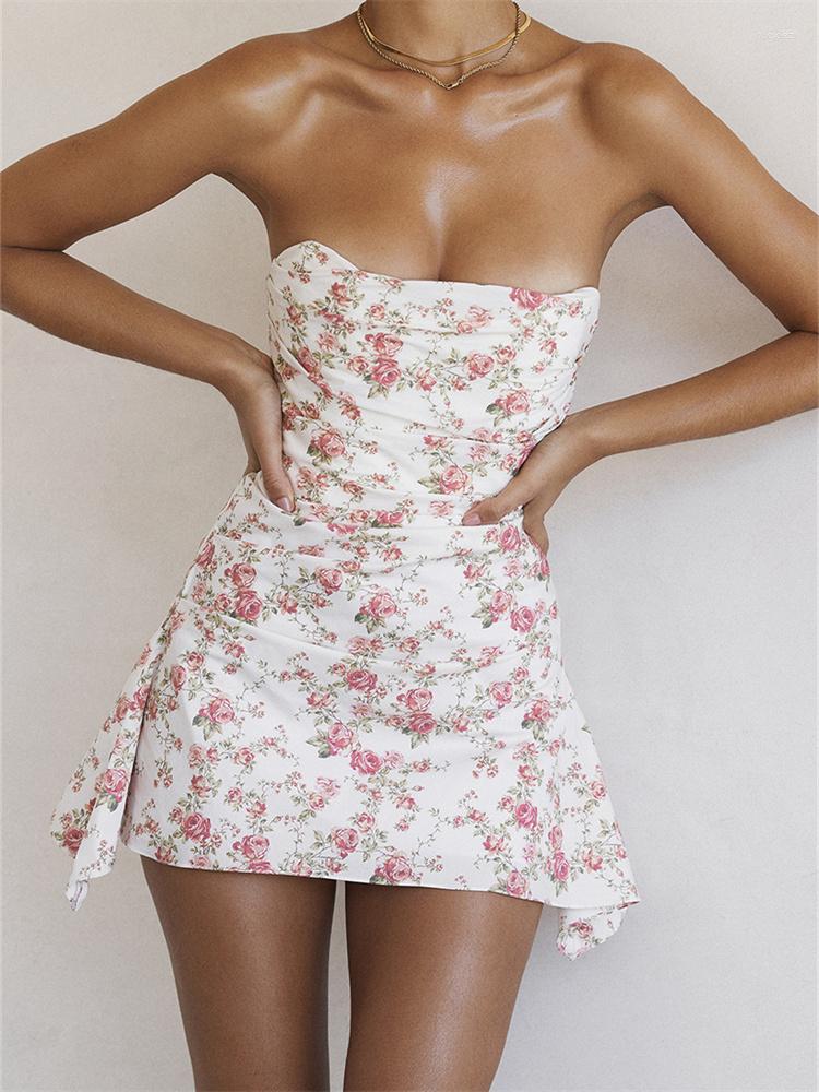 

Casual Dresses CHRONSTYLE Women Strapless Tube Dress Sexy Off Shoulder Low-Cut Ruched Mini Floral Print Back Zipper Party Short Vestidos