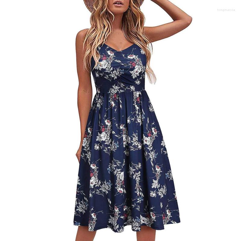

Casual Dresses 2023 Long Floral Print V-neck Dress Women Sexy Sleeveless Camis Female Summer Ladies Temperament