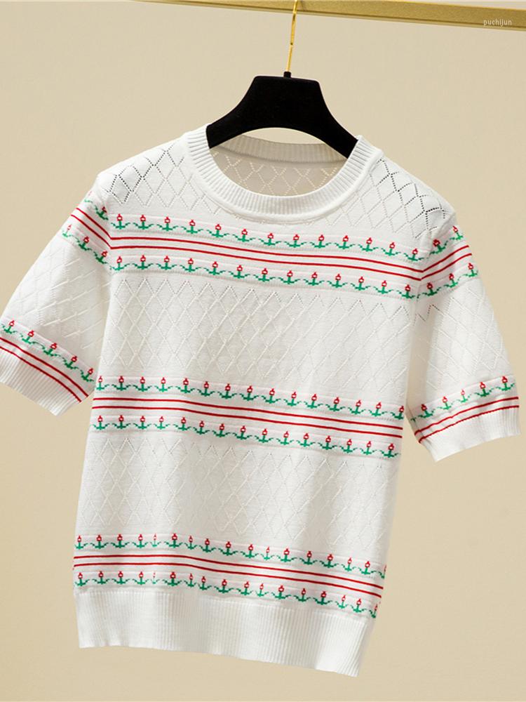 

Women's T Shirts Knitted Top Striped Shirt Women Thin Embroidery Short Sleeve Hollow Out Tee Summer Korean Style Clothes Tshirt Camisetas, Black