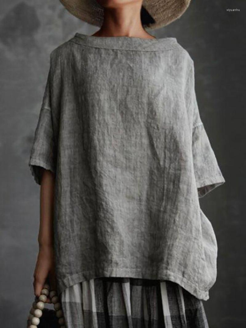 

Women' Blouses Women Vintage Harajuku Cotton And Linen Loose Shirts Summer Casual Short Sleeve O Neck Oversized Tops Korean Blusas, Black