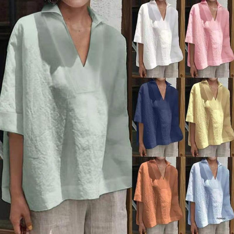 

Women's Blouses Women Summer Tops Fashion V-Neck Ladies Solid Color T-shirt Female 3/4 Sleeves Shirts For Daily, White