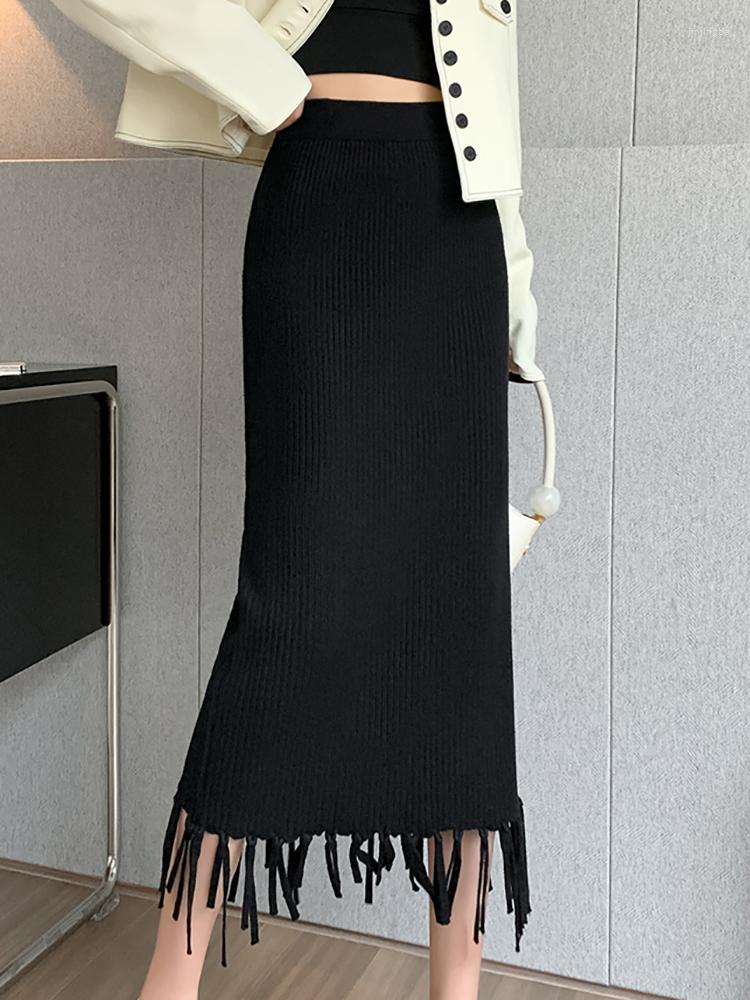 

Skirts Tassel Straight Knitted Black Skirt Women Autumn Winter Elegant Thickened Wrap Elastic High Waist Split Midi Womens