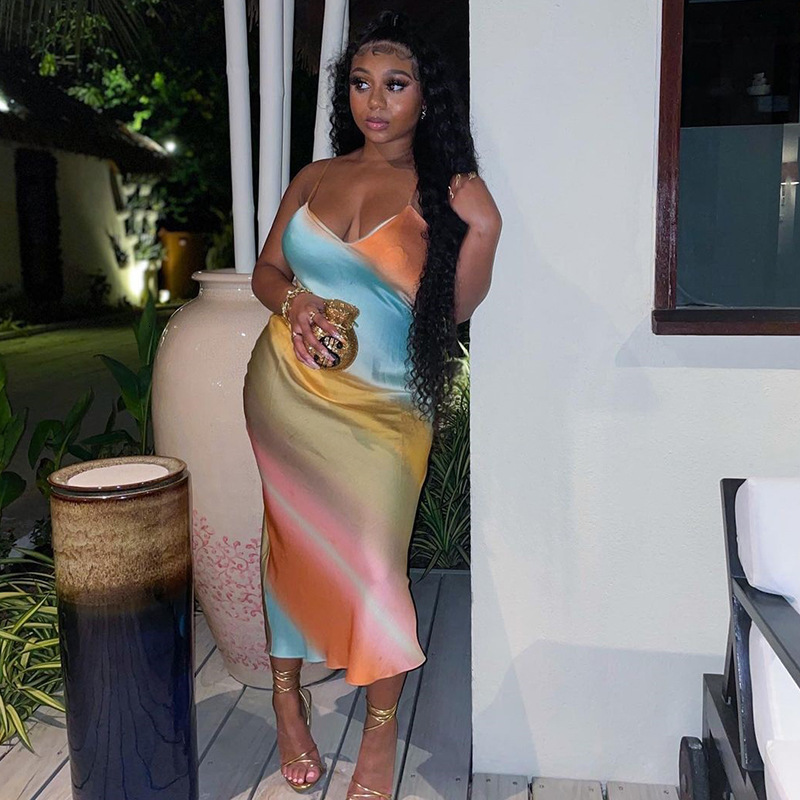 

Casual Dresses Women's Sexy V-Neck Backless Rainbow Print Slip Dress Summer Plus Size African Fashion Harajuku Party Office Lady Maxi Dress 230508, Beige