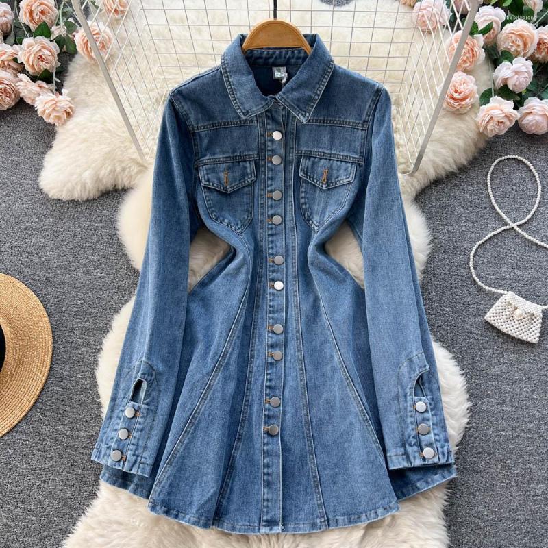 

Casual Dresses Long Sleeve Denim Shirt Dress For Women 2023 Spring Autumn Single Breasted Slim High Waist All-match A-line Vestidos, Blue