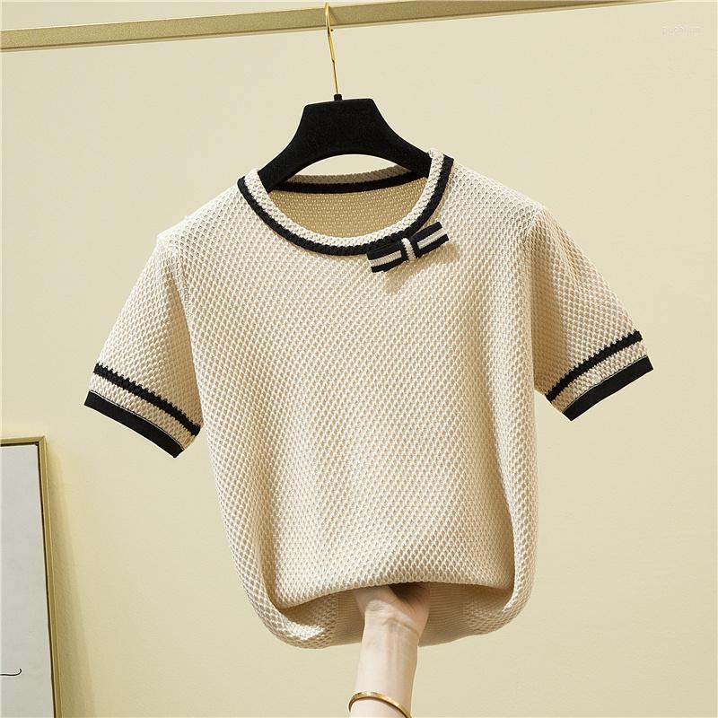 

Women's T Shirts Knitted Shirt Women Bow Patchwork Short Sleeve T-Shirt Korean Fashion Womens Clothing 2023 Summer Tops Thin Tee Femme, White