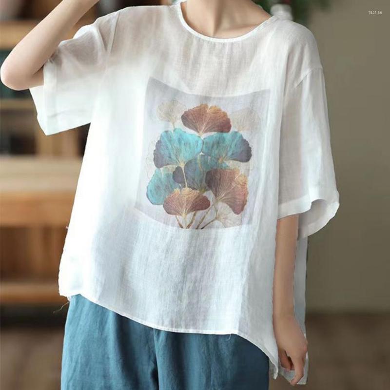 

Women's Blouses Women T-shirt Vintage Round Neck Loose Leaf Printed Half Sleeves Daily Wear Thin Breathable Summer Top Clothes, Beige