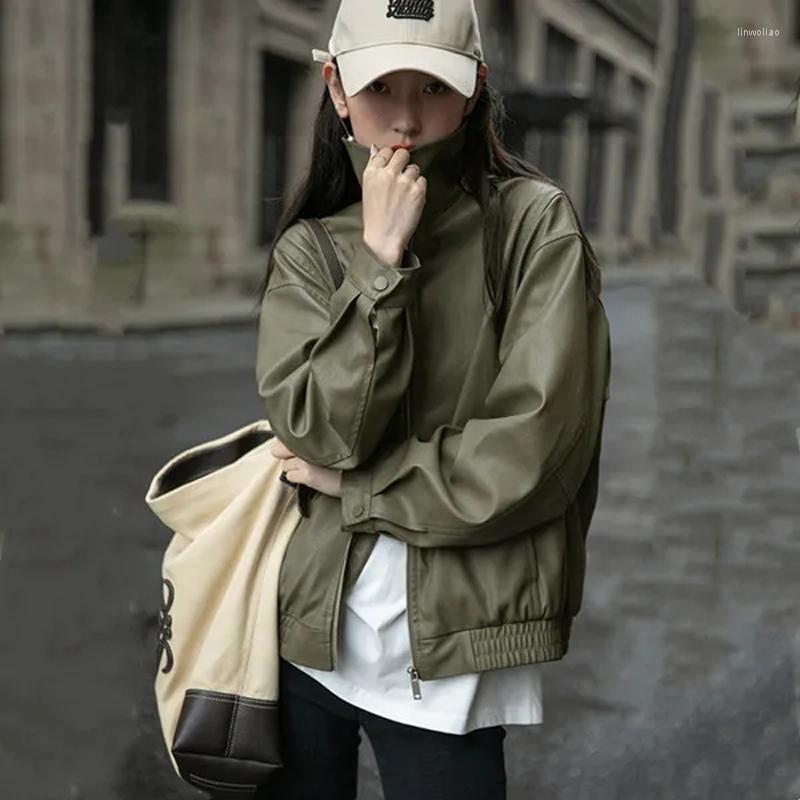 

Women' Leather Vintage Fake Classic Clothes Spring Autumn Winter PU Green Jacke Women' Harajuku Oversize