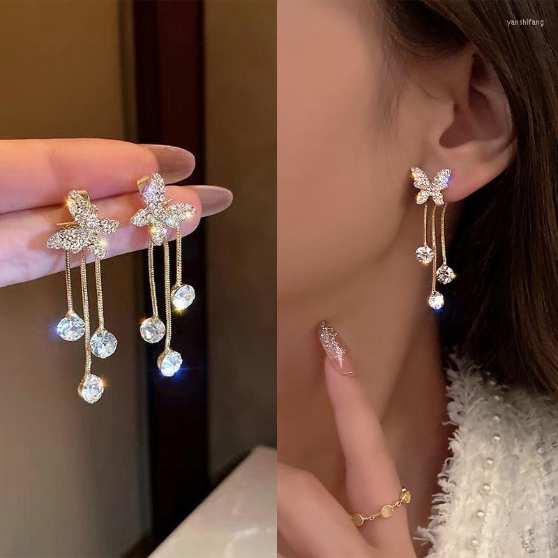 

Dangle Earrings Korean Fashion Exquisite Butterfly Earring For Women Shiny Rhinestone Long Tassel Water Drop Wedding Jewelry