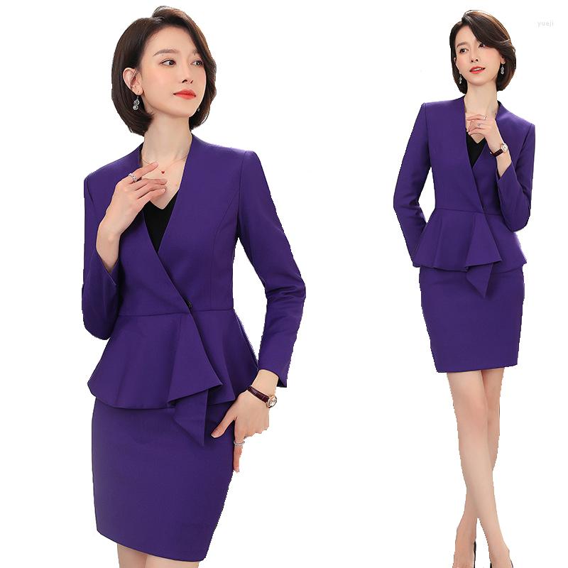 

Two Piece Dress Formal Uniform Designs Skirt Suit For Women Business Work Wear Elegant Purple Ladies Office Long Sleeve OL Blazers Set, Purple skirt suits