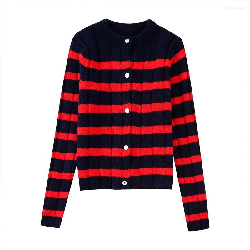 

Women' Knits Women' Fashion Fall 2023 Casual Vintage Round-neck Striped Single-breasted Knit Slim Quality Long-sleeved Sweater, As shown