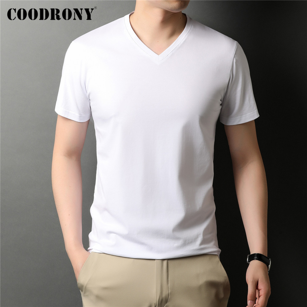

Men's T-Shirts COODRONY Brand High Quality Summer Cool Cotton Tee Top Classic Pure Color Casual V-Neck Short Sleeve T Shirt Men Clothing C5201S 230509, White