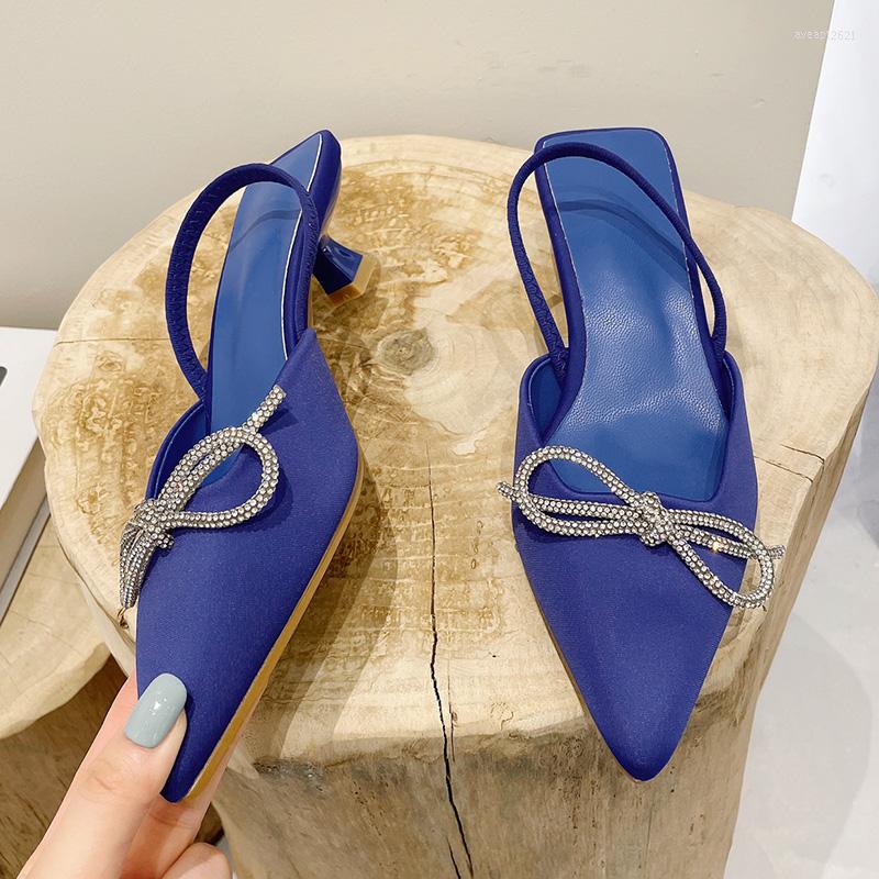 

Sandals 2023 Summer Brand Women Slingbacks Shoes Fashion Crystal Bowknot Pointed Toe Elegant Slip On Sandal Thin High Heel Mules, Blue