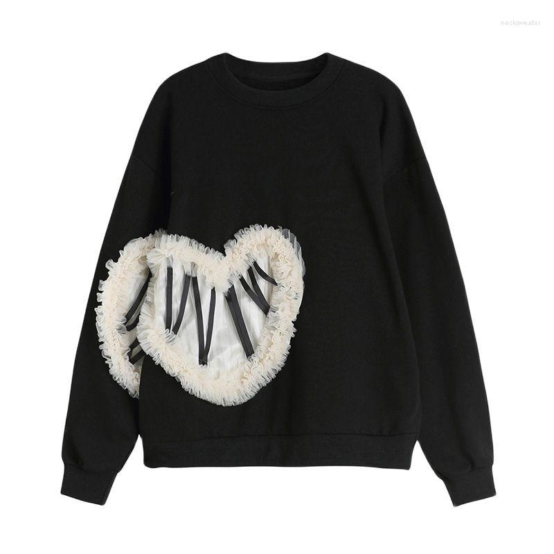 

Women's Hoodies Autumn Winter Mesh Lace Women Hollow Clothing Loose Design Plus Size Round Neck Tie Flower Long Sleeved Casual Jumper Female, White