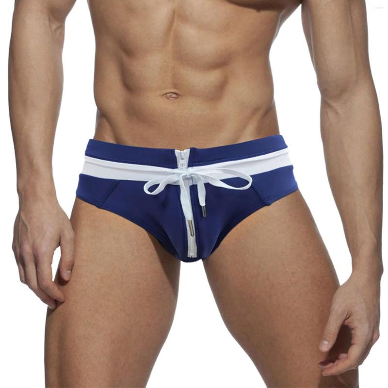 

Men's Swimwear Men Sexy Zipper Front Male Swimming Low Waist Briefs Bikini Swimsuit Trunks Swim Surf Beach Shorts, Dark blue