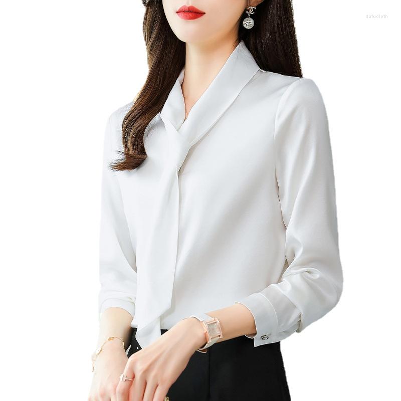 

Women's Blouses Mulberry Silk White Shirt Female Spring And Autumn Design 2023 Temperament Satin Top Long Sleeve Ribbon Office Lady, Green