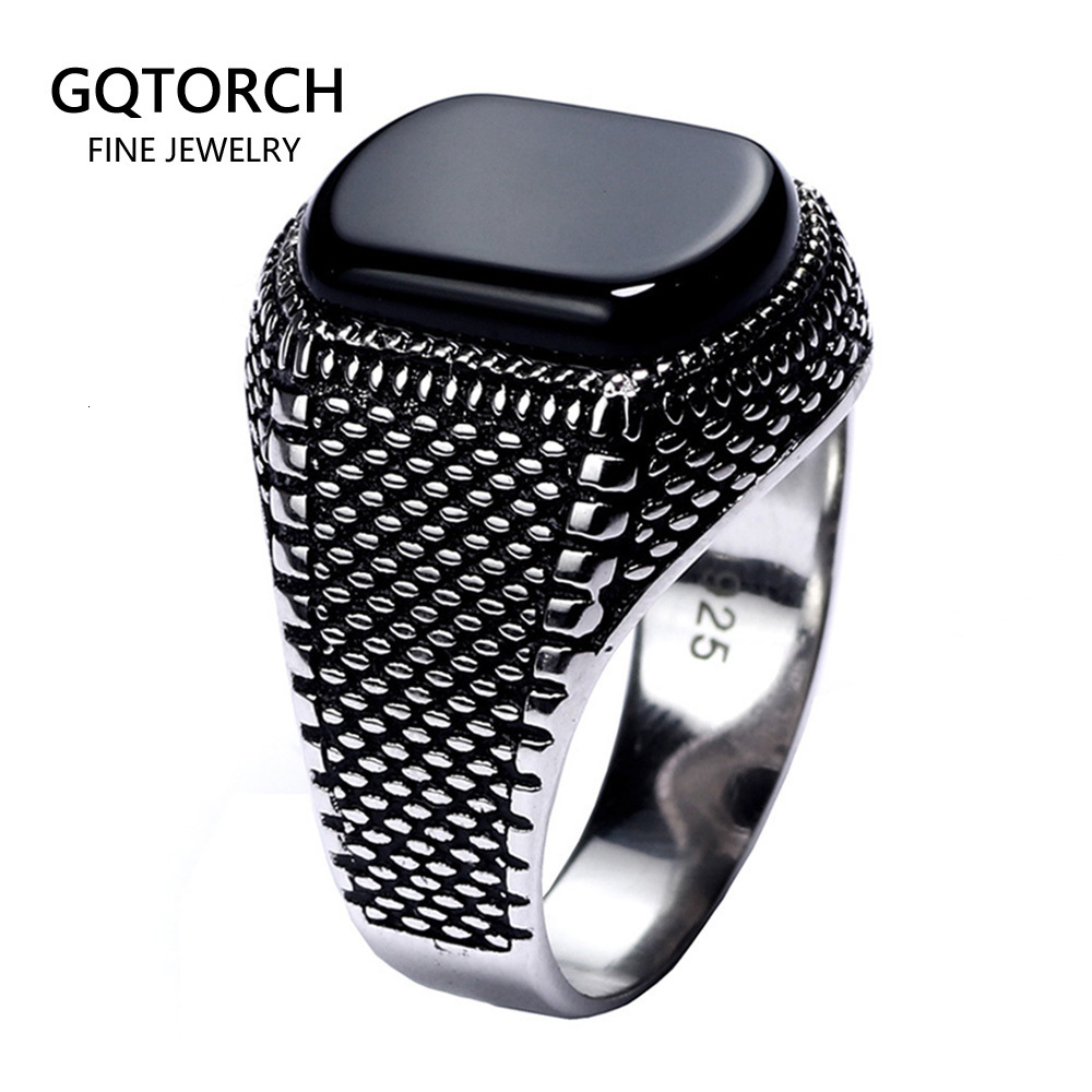 Solitaire Ring Turkey Jewelry Black Ring Men Light-weight 6g Real 925 Sterling Silver Mens Rings Natural Agate Stone Vintage Cool Fashion 230509