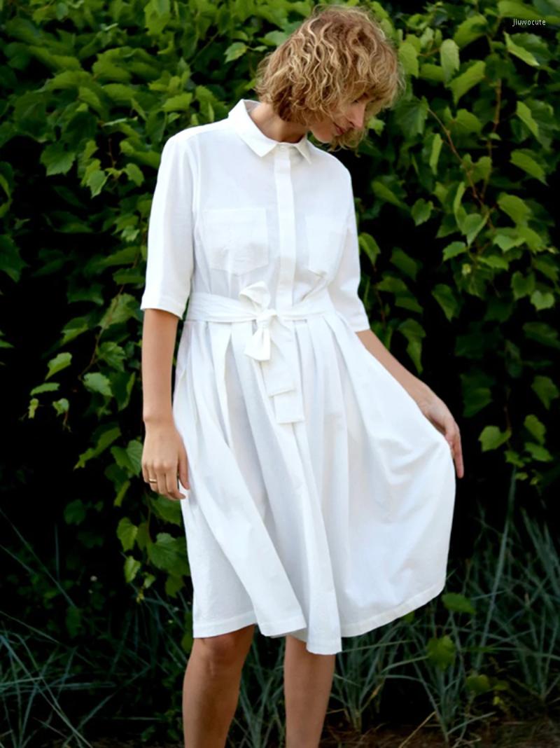 

Casual Dresses Yeezzi 2023 Mori Girl Style Half Sleeves A-Line Shirts Dress Summer Solid Color Lapel Small Fresh Midi For Women, Black