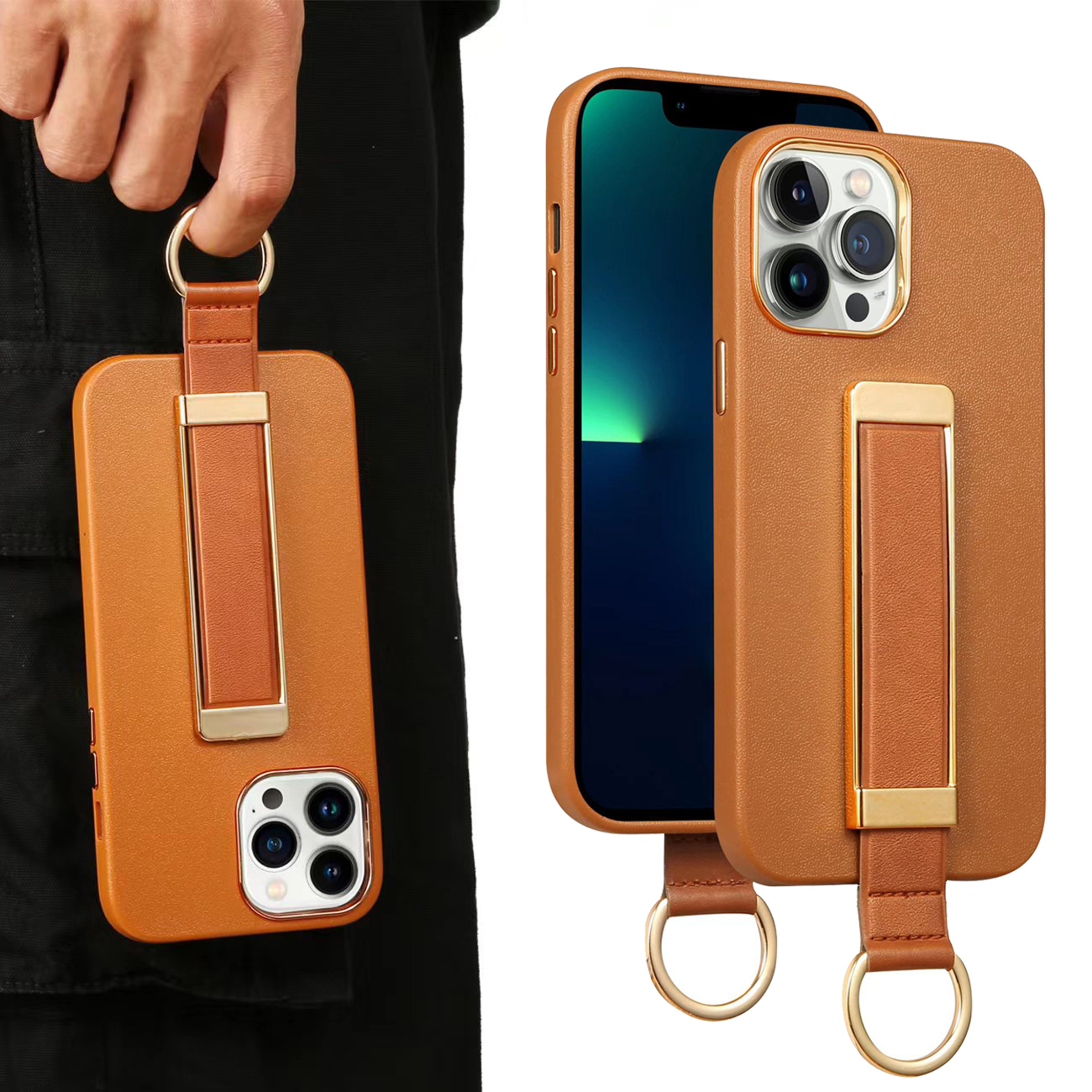 

Luxury Leather Wrist Strap Holder Phone Case For iPhone 14 Pro Max 11 12 13 Pro X XS XR iPhone 14 Plus 7 8 Wristband Stand Cover