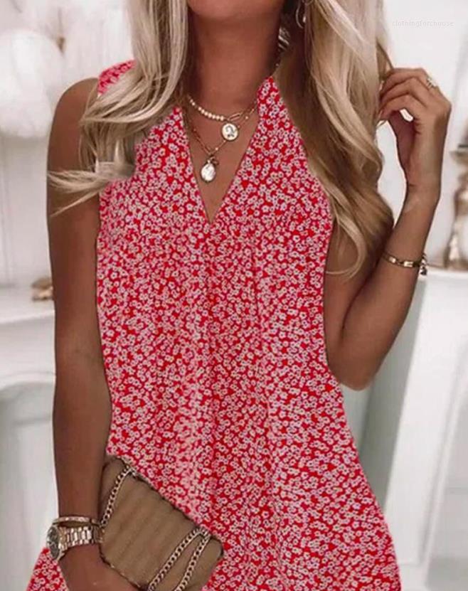 

Casual Dresses For Women 2023 Elegant V-Neck Ditsy Floral Print Sleeveless Mini Straight Women' Dress Fashion Vacation