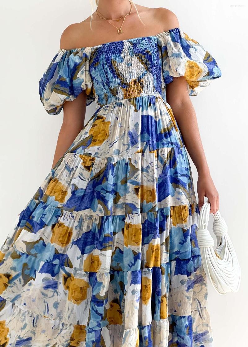 

Casual Dresses Off The Shoulder Flower Printed Ruffle Hem Patch Floral Dress For Women 2023 Square Neck Lantern Sleeves High Waist, Green