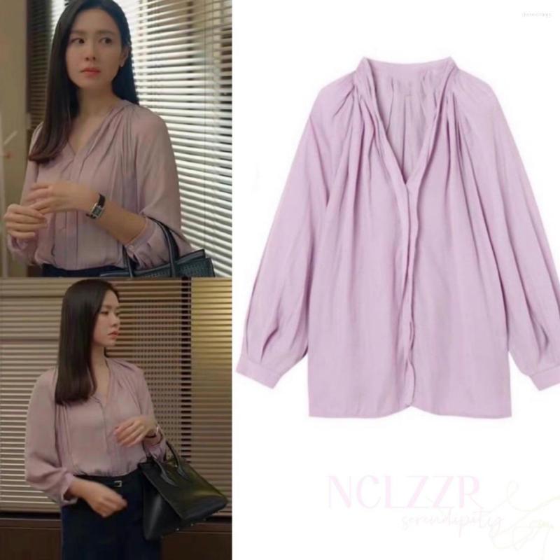 

Women's Blouses K- SonYeJin 2023 Spring Vintage Elegant Women Chiffon Casual Long Sleeve Blusas Lady V-neck Solid Shirts Female Tops, Pink