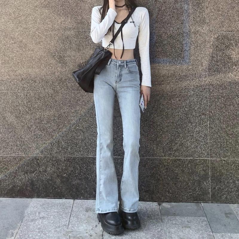 

Women's Jeans High Waist Trumpet Women Retro Stretch Slim Full Length Flare Female Lady Streetwear Trousers Denim Boot Cut Pants, Dark blue