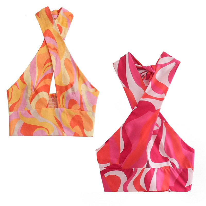 

Camisoles Tanks TRAF Print Crop Top Women Halter Neck Top Strapless Backless Cropped Tank Top Woman Summer Sexy Crossover Straps Tops 230508, Rose red print