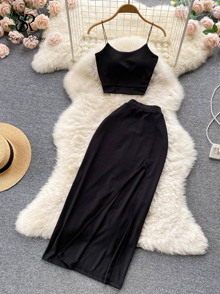 

Two Piece Dress SINGREINY Casual Split Women Summer Sets Sexy Elegant Temperament Chic Elastic Waist Ladies Slim A Line 230508, Grey